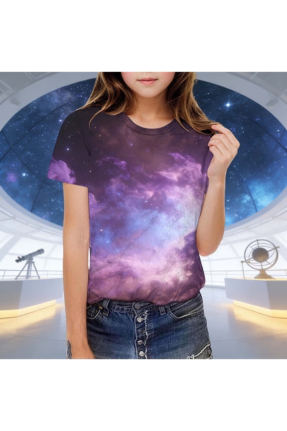 Boys Girls Galaxy Print Short Sleeve T-Shirt, Soft Stretchy Graphic Tee for Boys Girls Ages 4-14,Size 4 T