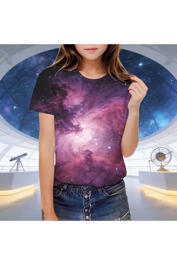 Boys Girls Galaxy Print T-Shirt Soft Stretch Crew Neck Short Sleeve for Ages 3-14,Size 11 T