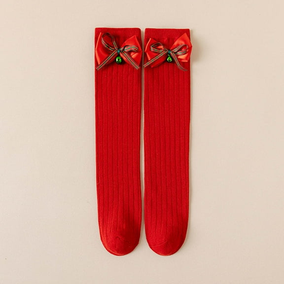 Avrnliq Christmas Knee High Socks for Girls - Soft Cotton, Red with Bow & Bell, One Size Fits 3-12Y, Festive Holiday Winter Socks for Kids,Size Free Size
