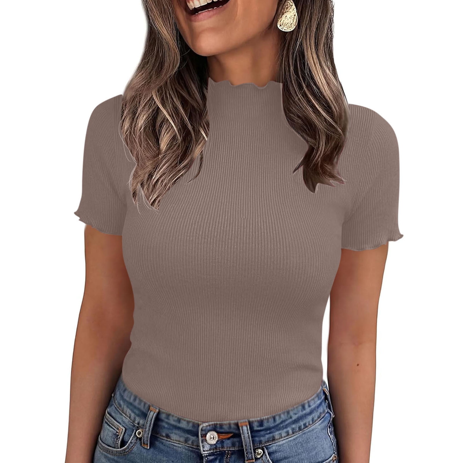 Avrnliq Form-Fitting Lettuce Edge Ribbed Knit Top for Women Short ...
