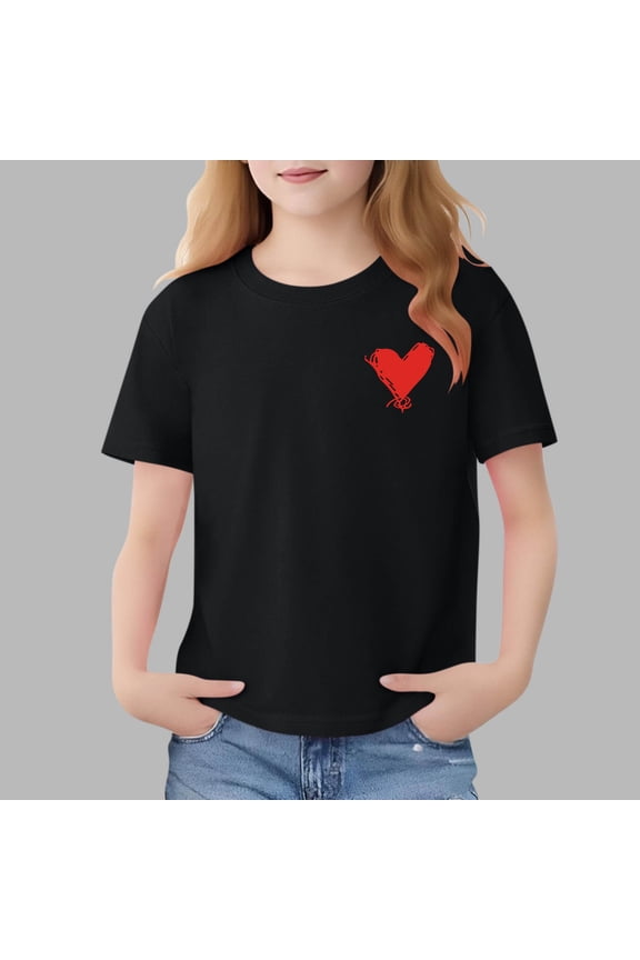 Girls' 100% Cotton Heart Graphic T-Shirt, Black Crew Neck Short Sleeve Casual Tee for Kids Aged 2-13, Walmart US Exclusive,Size 3-4 T
