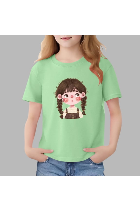 Girls 100% Cotton Short Sleeve Crewneck T-Shirt - Green Cartoon Braided-Girl Graphic Tee for Kid Girls, Durable Everyday Wear (Size 2-13Y) ,Size 12-13 T