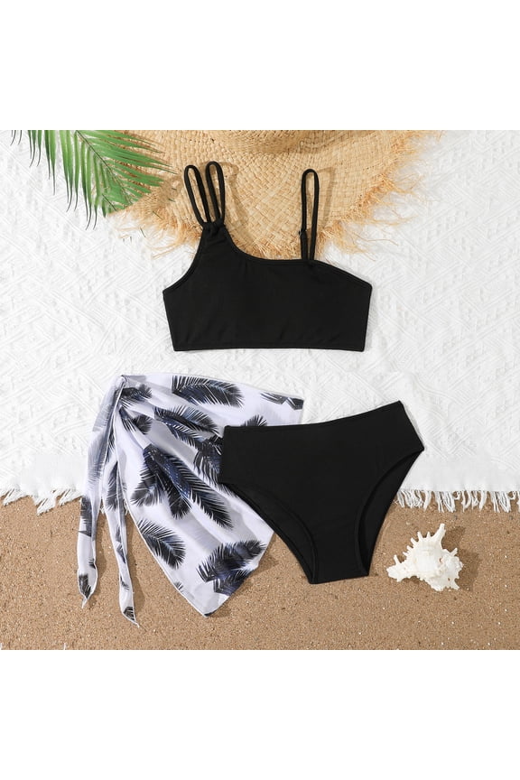 Girls 3 Piece Swimsuit Set Black Ribbed Tankini Top High Waisted Bottoms Tropical Print Sarong Wrap Modest Swimwear for Tween Girls 8-12 Years,Size 12 T
