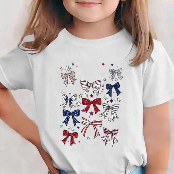 Avrnliq Girls 4th of July Bows T-Shirt, Patriotic American Flag Red White Blue Bow Graphic Tee, Kids Independence Day Summer Short Sleeve Shirt, Size 5-6T