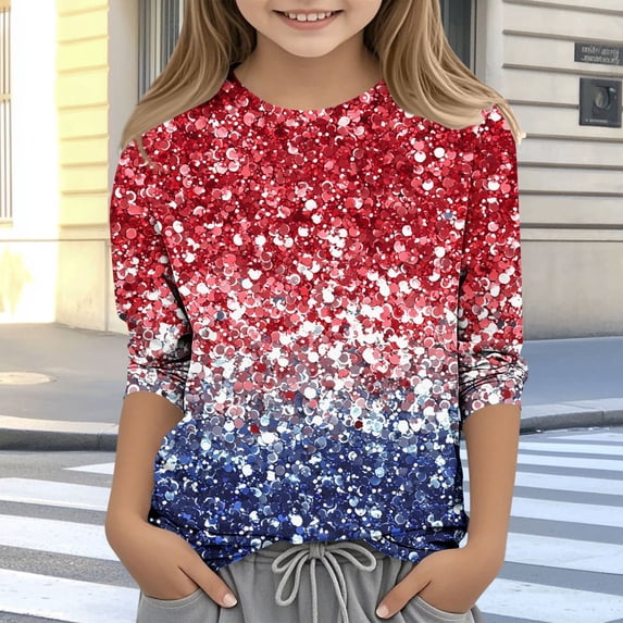 Avrnliq Girls 4th of July Patriotic Long Sleeve T-Shirt, Red White Blue Sequin Gradient Print Crewneck Casual Tops, Kids Sparkle USA Flag Tee for Independence Day, Memorial Day Size 9-10 T