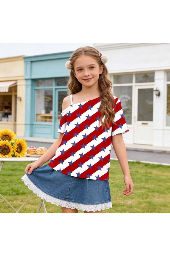 Girls 4th of July Patriotic Off Shoulder T-Shirt Red White Blue Stars Stripes,Size 5 T