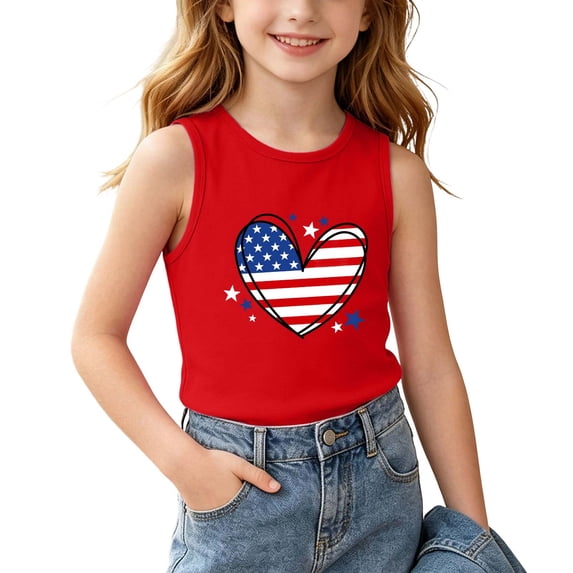 Avrnliq Girls 4th of July Tank Top American Flag Heart Print Sleeveless Patriotic Shirt Summer Red,Size 10 T