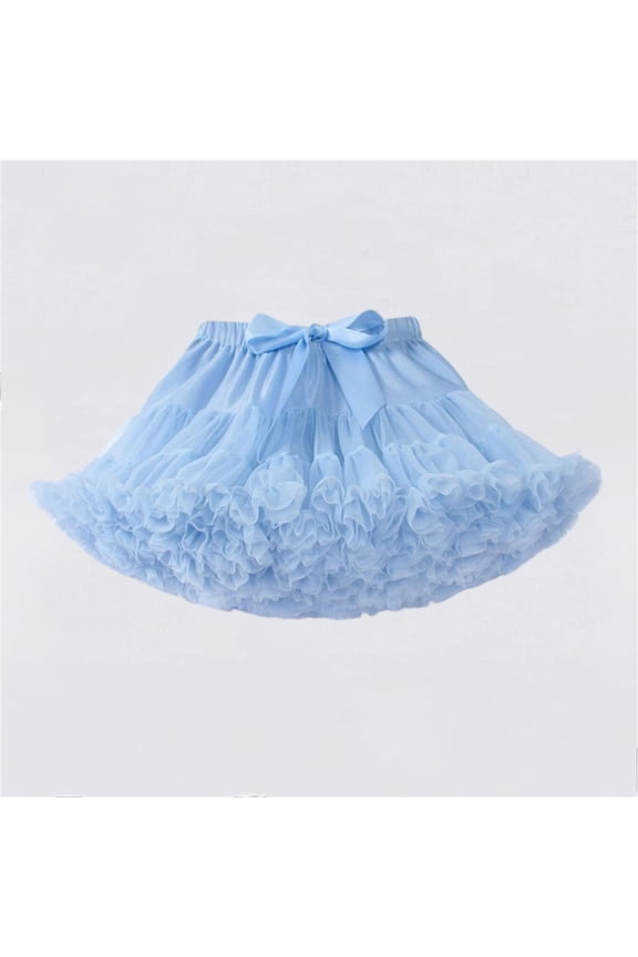 Girls Blue Fluffy Tulle Petticoat, Elastic Waist Satin Bow Underskirt for Costume & Dress Up, Voluminous Underskirt Sizes 0-10 Years,Size 5-7 T