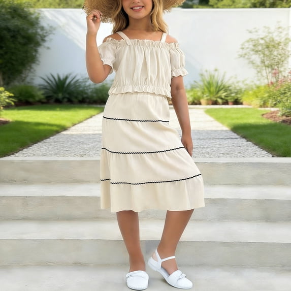 Avrnliq Girls Boho Two Piece Outfit, Beige Ruffle Square Neck Top & Tiered Skirt Set, Lightweight Summer Casual Outfit for Big Kids Tweens 8-14 Years,Size 11-12T