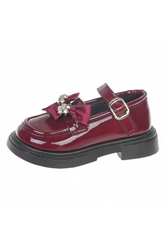 Girls Burgundy Patent Faux Leather Mary Jane Shoes Platform Dress Shoes with Bow Buckle for Kids Party School, Wine,Size 5-5.5T