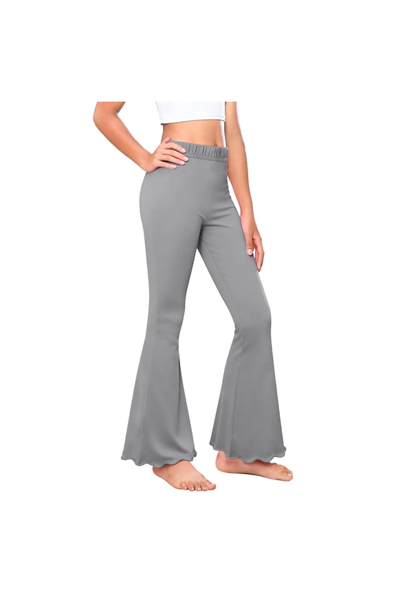 Girls Gray High Waisted Flare Leg Yoga Pants 100% Cotton Elastic Waist for Girls 5-16Y Dance Gymnastics,Size 5 T