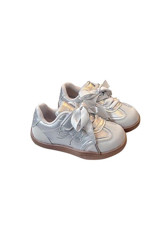 Girls Gray Sparkly Sneakers with Ribbon Laces Metallic Silver Party & Casual Shoes Kids to Big Kids Sizes,Size 23