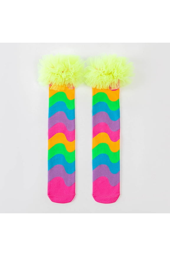 Girls Green Knee High Socks - Soft Cotton, Rainbow Stripe with Tulle Ruffle, Fits 3-12 Years,Size Free Size