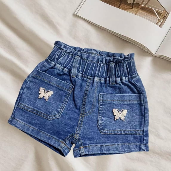 Avrnliq Girls High Waisted Denim Shorts, Elastic Waist Pull On Butterfly Embellished, Blue Casual Playwear Denim Shorts for Kids Girls 2T-8,Size 7-8T