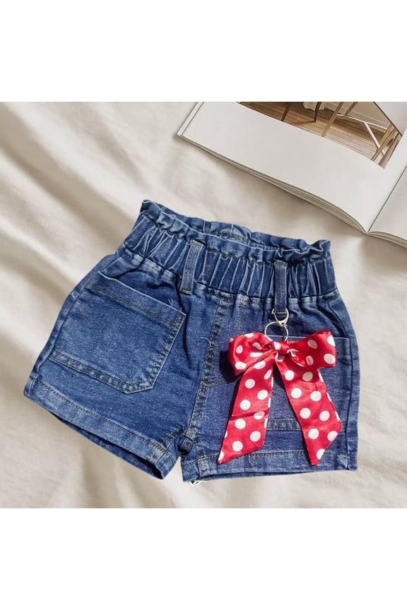 Girls High Waisted Denim Shorts, Paperbag Elastic Waist Denim Shorts with Polka Dot Bow, Casual Summer Playwear for Kids Girls (2-8 Years), Blue,Size 2-3T
