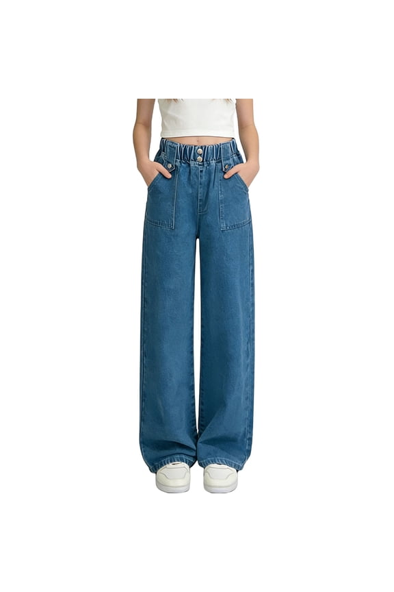 Girls High Waisted Wide Leg Denim Jeans, Blue Elastic Waist Stone-Washed Jeans with Patch Pockets for Girls Aged 5-12, Durable for School & Play,Size 9-10T