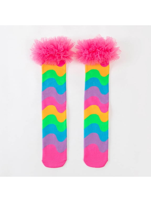 Girls Hot Pink Knee High Socks - Soft Cotton, Rainbow Stripe with Tulle Ruffle, Fits 3-12 Years,Size Free Size