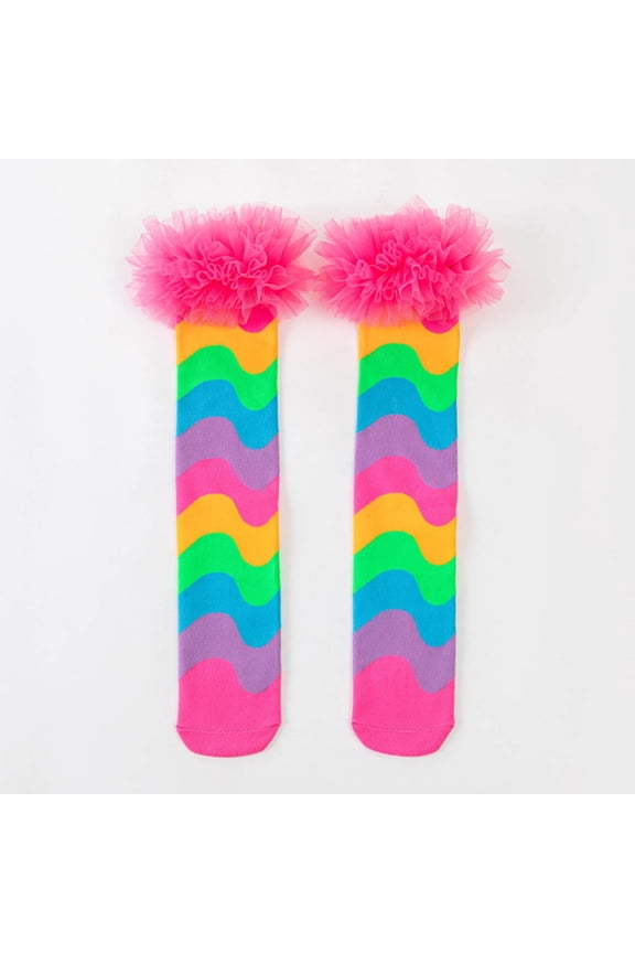 Girls Hot Pink Knee High Socks - Soft Cotton, Rainbow Stripe with Tulle Ruffle, Fits 3-12 Years,Size Free Size