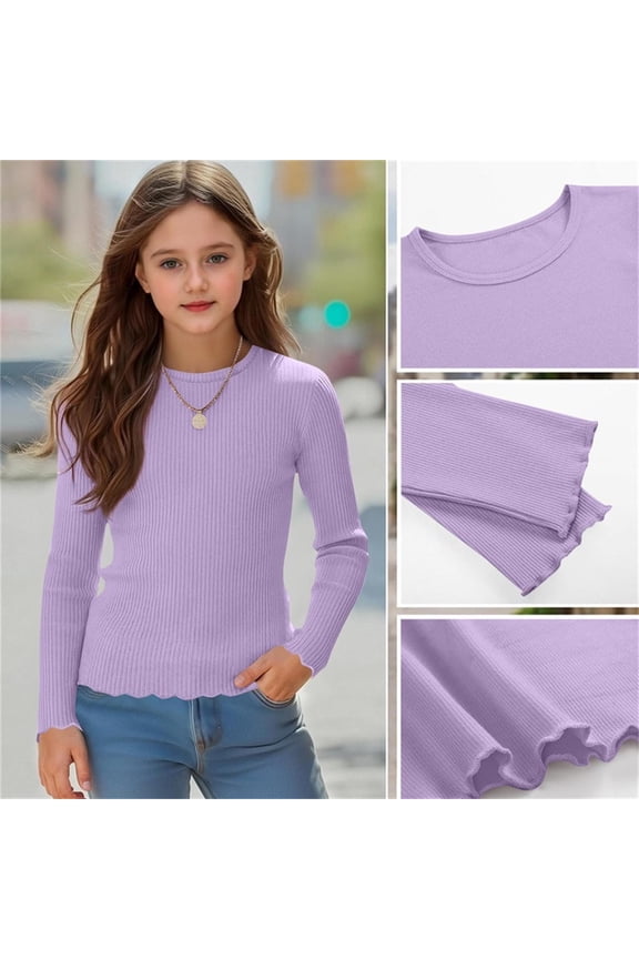 Girls Long Sleeve Ribbed Knit Top Purple, Soft Stretch Seamless Scalloped Hem Shirt for Girls 6-14Y Kids School Casual Layering Wear,Size 5-6T
