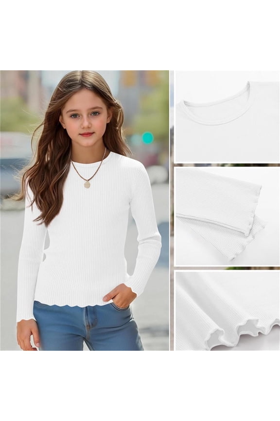 Girls Long Sleeve Ribbed Knit Top White, Soft Stretch Slim Fit Scalloped Hem Shirt for Girls 6-14Y Kids School Casual Layering Wear,Size 5-6T