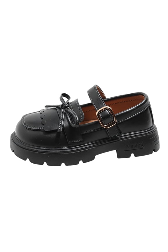 Girls Mary Jane Platform Shoes School Party Dress Adjustable Buckle Strap Anti-Slip Sole Synthetic Faux Leather Black,Size 3.5-4T