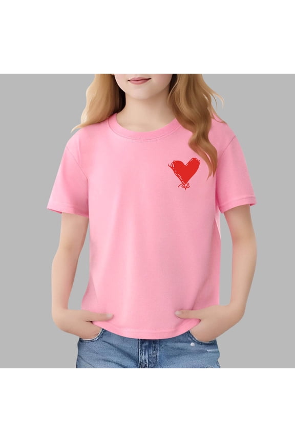 Girls' Pink 100% Cotton Heart Graphic Crew Neck Short Sleeve Tee, Size 2-13, Comfortable for Playtime & Valentine’s Day, Walmart US Exclusive,Size 3-4 T