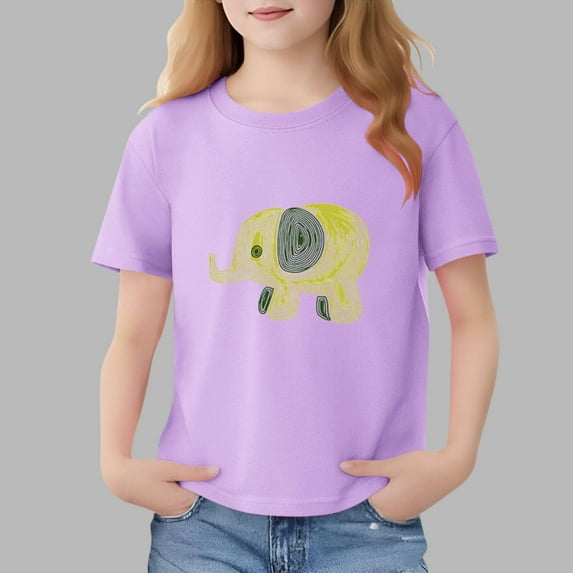 Avrnliq Girls Purple 100% Cotton Abstract Elephant Line Art T-Shirt Fade-Resistant Crew Neck Short Sleeve Casual Everyday Tee for Kids (2-13Y),Size 4-5 T