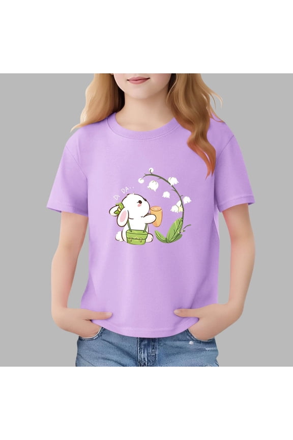 Girls Purple Rabbit & Lily of the Valley Graphic Cotton T-Shirt, Soft Breathable Crew Neck Short Sleeve Tee for Kids Big Kid 2-13 Years, Easter Spring Daily Wear,Size 4-5 T