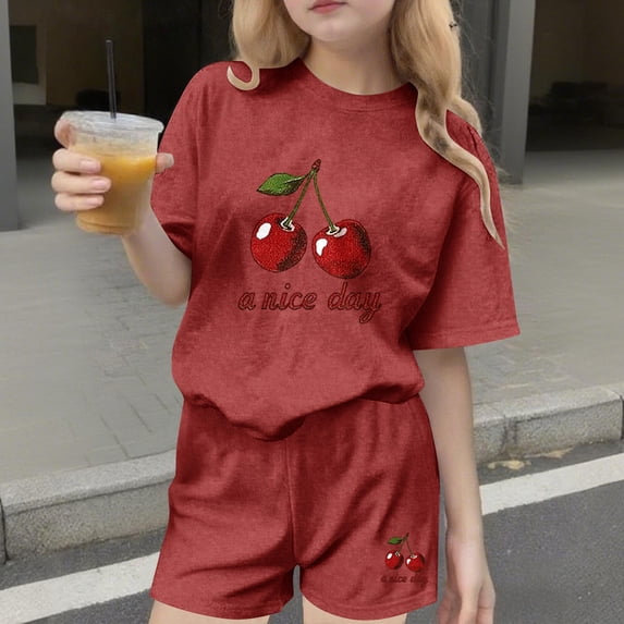 Avrnliq Girls Red Cherry Print Graphic Tee Casual Short Sleeve Loose Fit Crew Neck Top for Kids Sizes 4T-16,Size 9-10T