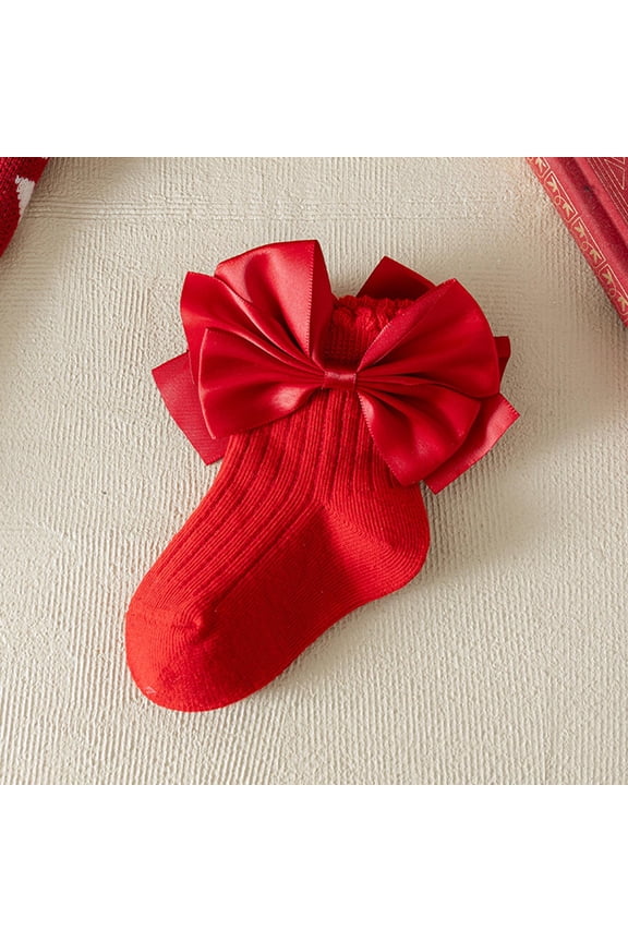 Girls' Red Socks with Oversized Satin Bows - Soft Cotton Rib-Knit, Elastic Cuff, Fits 1-12 Years (1 Pair),Size 1 T