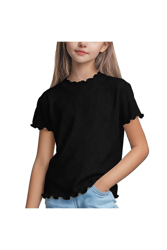 Girls Short Sleeve Lettuce Edge Top - Black Ultra Soft Tee for 2-12 Years Old Girls ,Size 4-5T