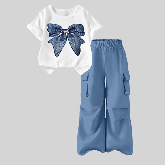 Avrnliq Girls Trendy 2-Piece Outfit Set Sequin Bow Graphic Tee & Wide Leg Cargo Pants Blue Casual Summer Streetwear for Girls 5-15Y,Size 12-13 T