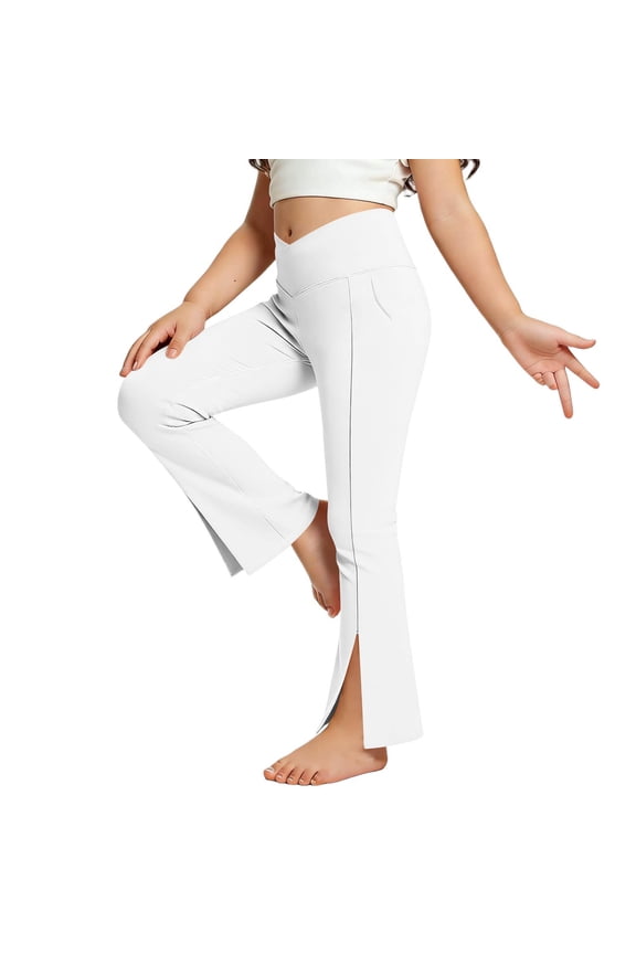 Girls' White Crossover High Waist Flare Leggings, Stretch Tag-Free Split Hem Pants with Side Pockets for School, Sports & Casual, Sizes 5-16,Size 5-6 T