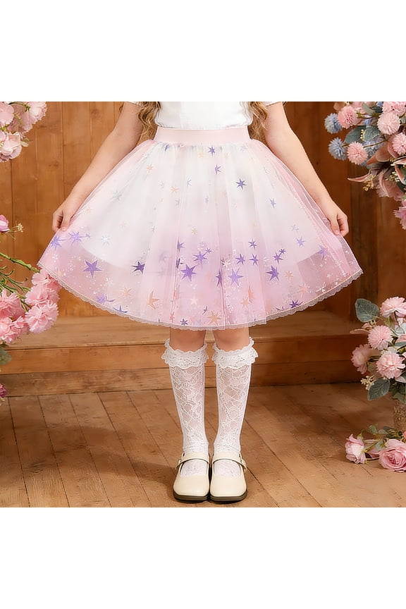 Girls White Starry Ombre Tulle Skirt with Glitter Stars & Lace Trim, Stretchy Waist for Party Birthday Photo Shoot, Sizes 4T-14Y,Size 9 T