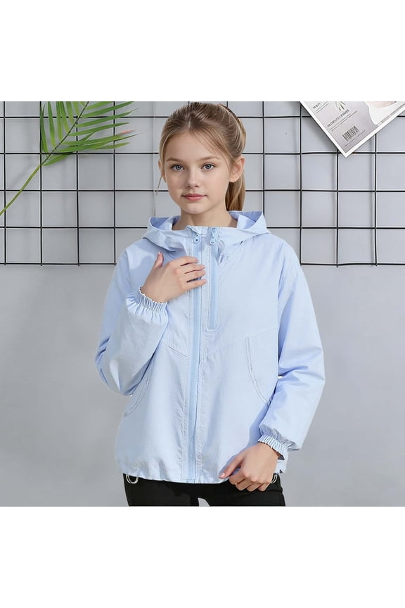 Girls Windbreaker Jacket, Lightweight Water Resistant Anorak with Drawstring Hood, Breathable Casual Outerwear for Kids 5-15, Blue,Size 8-9 T
