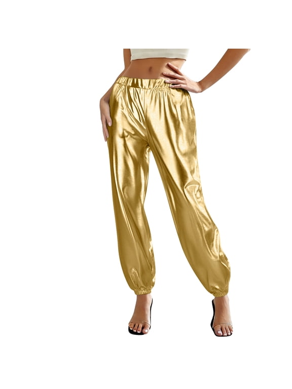 Gold Metallic Satin Joggers for Women, High Waist Shiny Harem Pants, Elastic Waist Baggy Tapered Ankle, XS-XXXL Festival Party Night Out Wear,Size 3XL