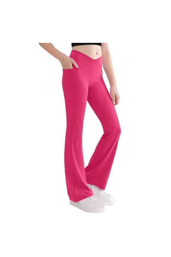 Hot Pink High-Rise Flare Pants for Teen Girls, Pull-On 4-Way Stretch with Side Pockets for Casual & Active Wear,Size 8 T
