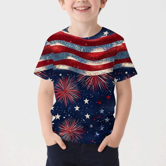Avrnliq Kids 4th of July Patriotic T-Shirt, Red White Blue Firework & Stars Graphic Short Sleeve Tee, Unisex Comfortable Stretch for 4-14 Years,Size 3-4 T