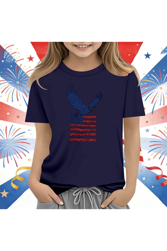 Kids American Flag Eagle T-Shirt, 4th of July Patriotic Graphic Tee for Boys & Girls, USA Flag Bald Eagle Short Sleeve Shirt, Independence Day Casual Summer Top for Kids,Size 5-6 T