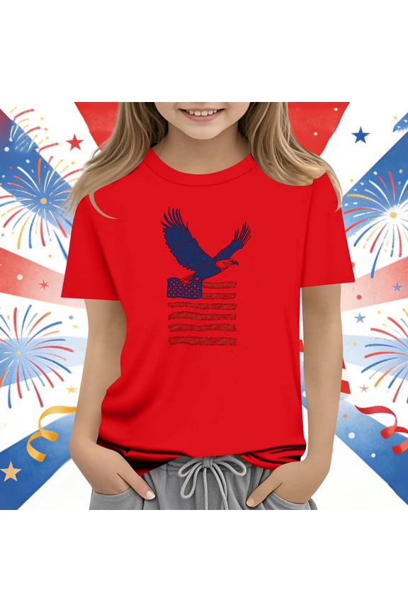 Kids American Flag Eagle T-Shirt, 4th of July Patriotic Graphic Tee for Boys & Girls, USA Flag Bald Eagle Short Sleeve Shirt, Independence Day Casual Summer Top for Kids,Size 11-12 T