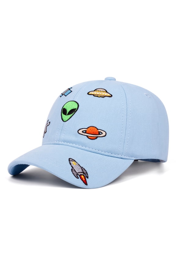 Kids Baseball Cap Space Embroidered Unisex Kids Hat for 2-6 Years Alien Rocket Adjustable Sun Cap for Boys Girls Light Blue