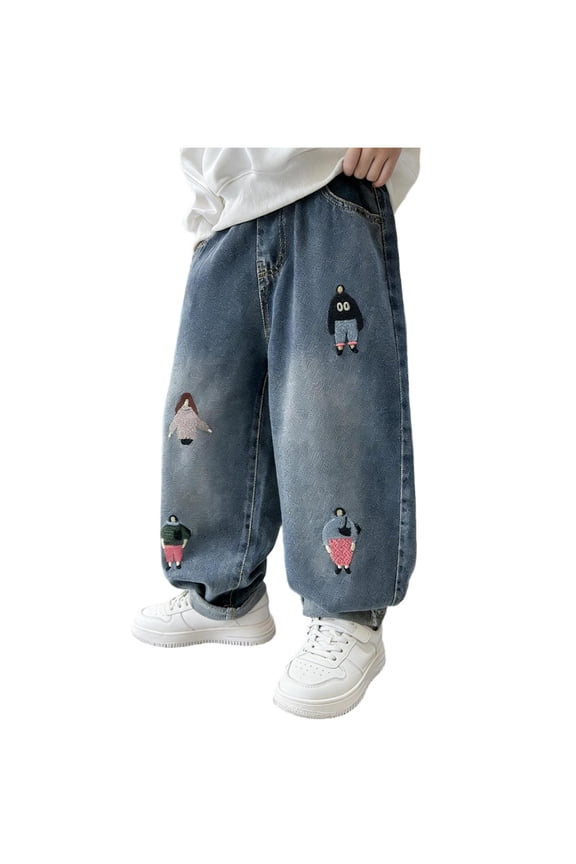 Kids Embroidered Cartoon Character Denim Jeans, 100% Cotton Light Blue Casual Streetwear Pants for Boys Girls, Sizes 5-16,Size 6-7 T