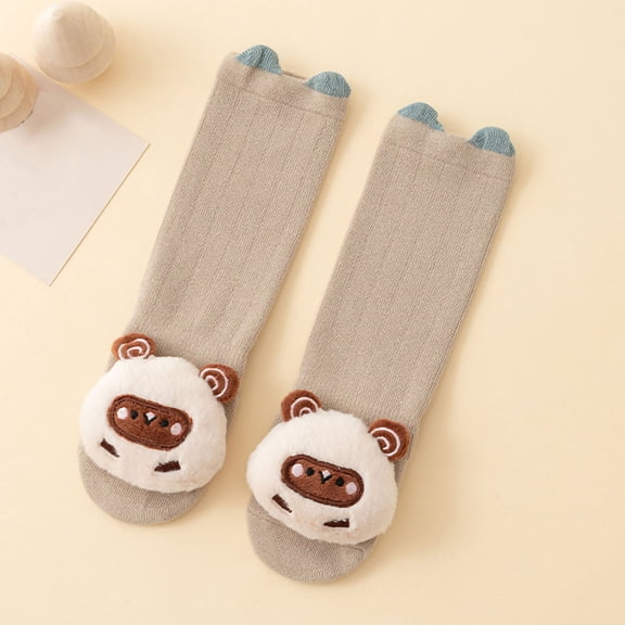 Avrnliq Kids Girl Socks (Ages 1-5) - Cotton Non-Slip Sole Dots Khaki Socks, 3D Cartoon Animal Toe Mid-Calf Soft Socks for Daily Wear,Size M