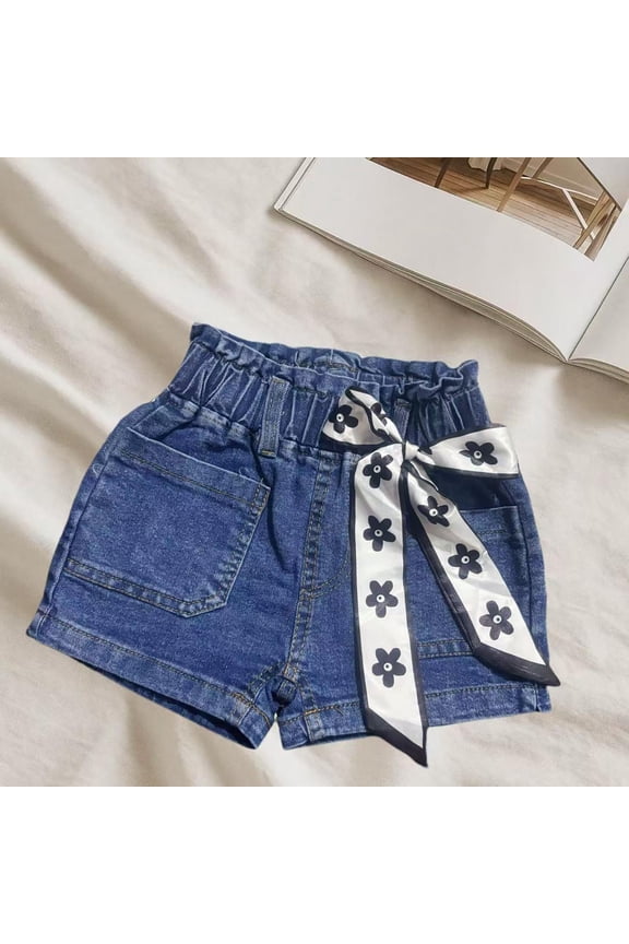 Kids Girls High Waisted Denim Shorts Elastic Waist Pull On Soft Cotton Jean Shorts with Floral Ribbon Belt Casual Summer Shorts,Size 3-4T