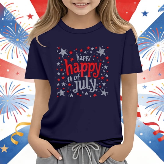 Avrnliq Kids Happy 4th of July Shirt, Patriotic Star Print Short Sleeve T-Shirt, Fourth of July Independence Day Casual Tee for Boys & Girls, Summer Holiday Patriotic Clothing,Size 13-14 T