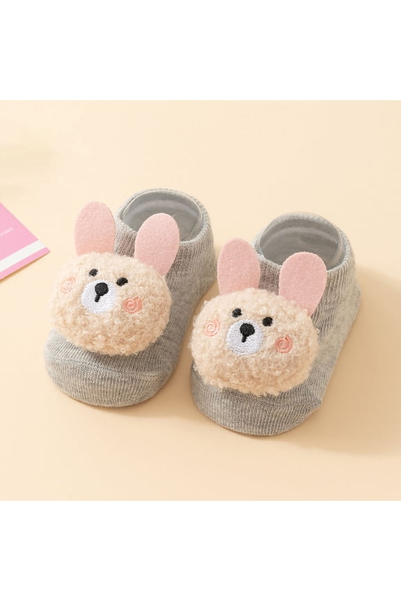 Kids Kids Cotton Socks - Unisex Gray, Soft & Breathable, Low-cut with 3D Plush Bear & Pink Bunny Ears, for Newborns, Everyday Wear/Gifts, 1 Pair (S/M),Size M