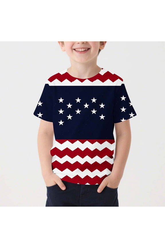 Kids' Patriotic Chevron T-Shirt Red White Blue Short Sleeve Unisex Boys Girls Sizes 110-170 for 4th July Memorial Day Summer Casual Wear,Size 5-6T