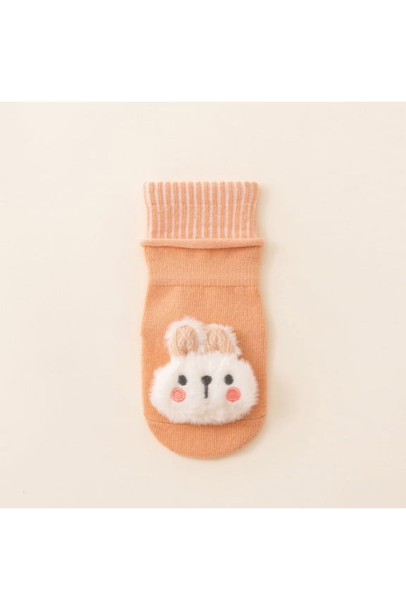 Kids Socks for Girls 0-3 Years, Soft Cotton Orange Kids Socks with 3D Bunny Appliqué, Breathable Striped Cuff Non-Slip Kids Socks (S/M), 1 Pair,Size M