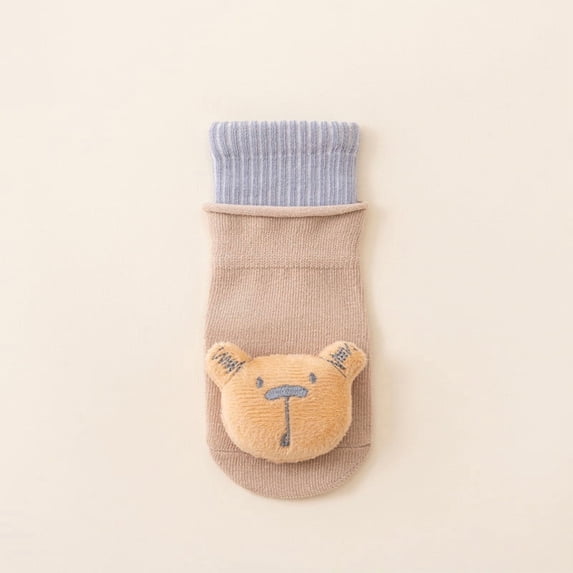 Avrnliq Kids Socks for Girls - Soft Cotton 3D Teddy Bear Appliqué, Khaki Non-Slip Cuff, 0-3 Years (S:0-1Y, M:1-3Y), 1 Pair Breathable Kids Kids Socks,Size S