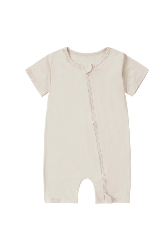 Kids Zip-Up Romper Unisex Short Sleeve Ultra-Soft Diaper-Change Friendly Tag-Free Beige Kids One-Piece for Newborn 0M-18M,Size 6 Months